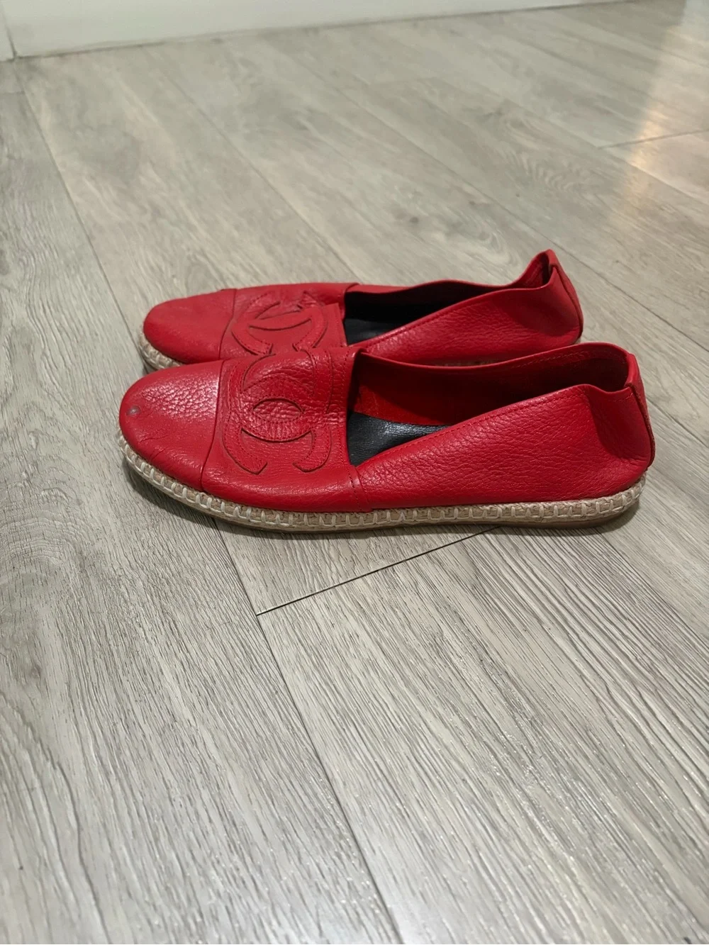 CHANEL Red Leather Espadrille Mules with Embossed CC